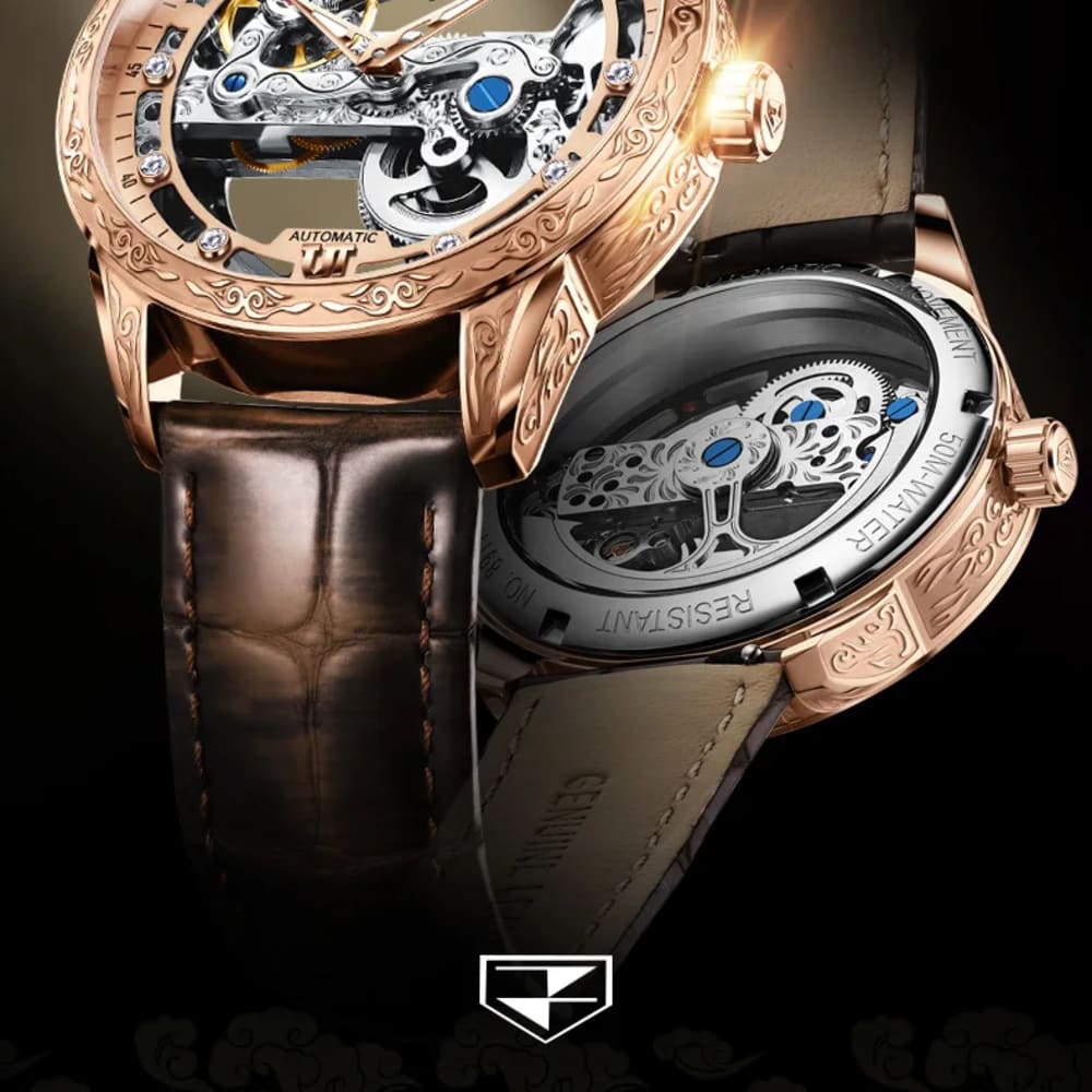 JSDUN Rose Gold Skeleton Luxury Men Automatic Watch